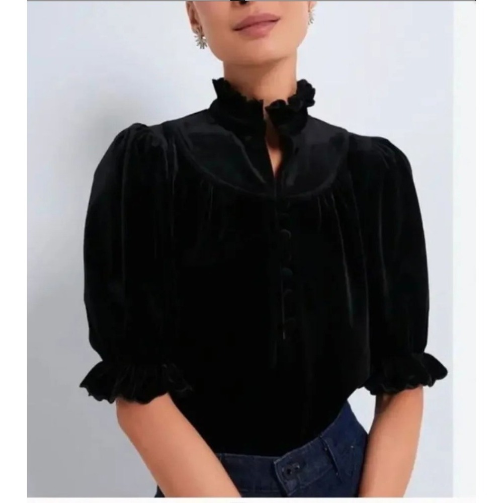Pomander Place Black Velvet Selena Blouse XL Ruffle Buttons Dark Romantic NWOT